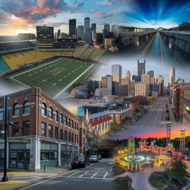 A cinematic collage showcasing Pittsburgh’s most famous movie filming locations. Include Heinz Field during a football game (from The Dark Knight Rises), the Fort Pitt Tunnel skyline view (from The Perks of Being a Wallflower), the historic Strip District streets (from Jack Reacher), and Kennywood Park with its classic rides (from Adventureland). The overall tone is dramatic and vibrant, capturing the blend of Pittsburgh’s industrial charm and its Hollywood appeal. Bright sky, rich colors, and a polished, movie-poster aesthetic.