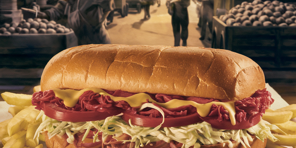 sandwich A nostalgic, warmly lit illustration of a Primanti Brothers sandwich — fries and slaw spilling out — set against a backdrop of Pittsburgh’s Strip District in the 1940s, with steelworkers and produce trucks in the scene.