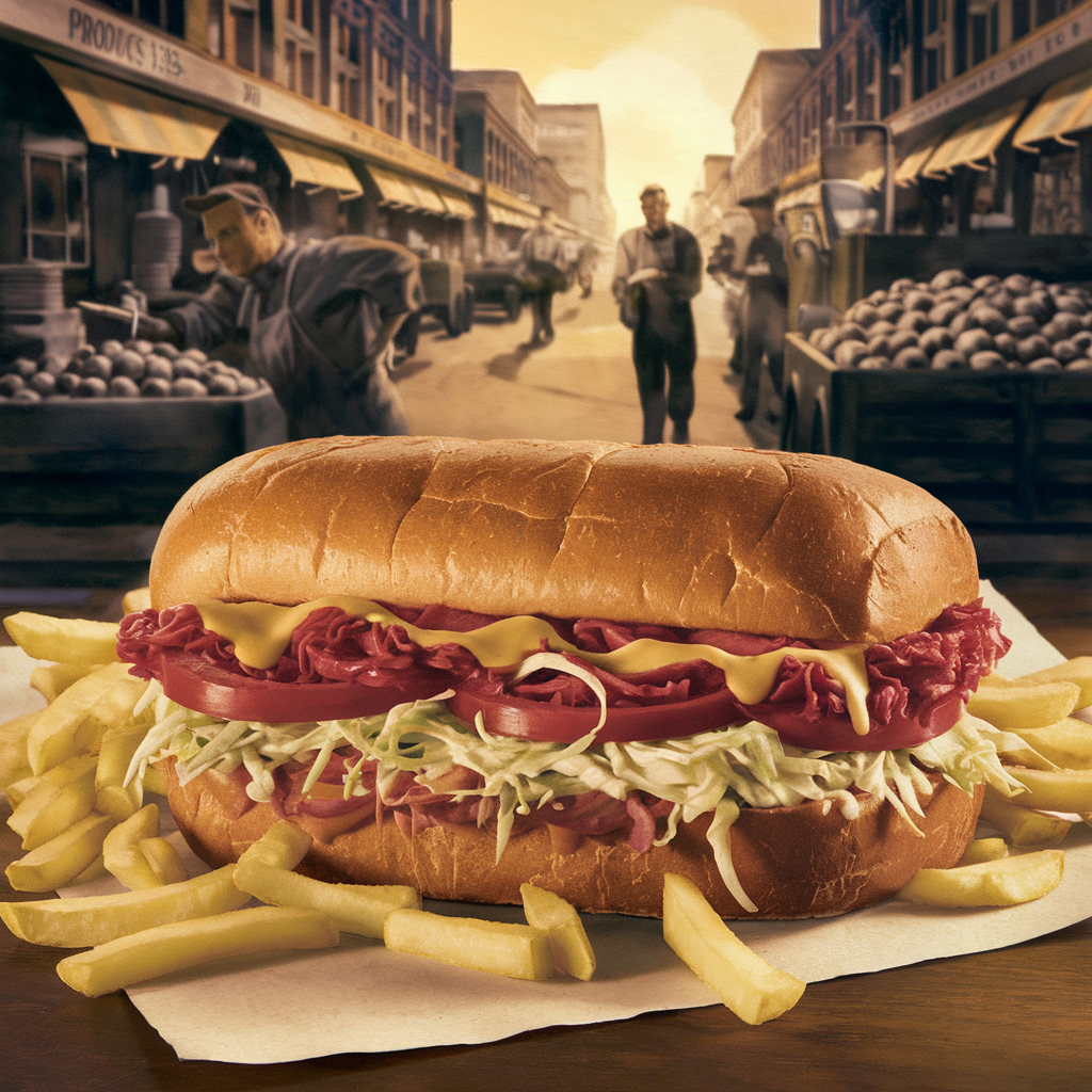 A nostalgic, warmly lit illustration of a Primanti Brothers sandwich — fries and slaw spilling out — set against a backdrop of Pittsburgh’s Strip District in the 1940s, with steelworkers and produce trucks in the scene.