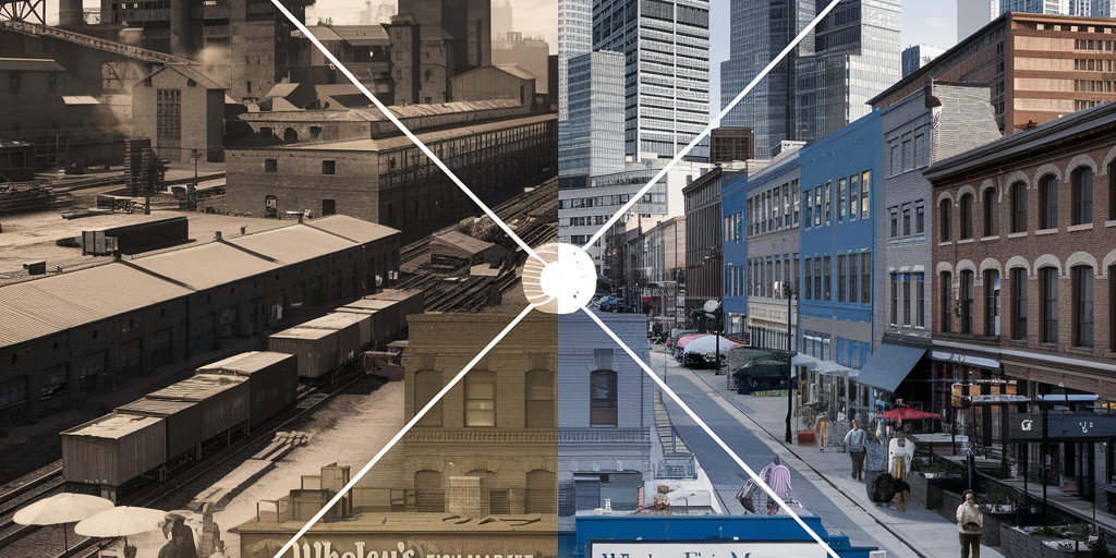 A visually striking image illustrating the transformation of Pittsburgh’s Strip District over time. On the left side, there are historic steel mills, smoke rising from factories, and 19th-century workers loading freight near the Pennsylvania Railroad Yard. In the middle, there is the mid-20th-century wholesale market era with bustling produce stands, food vendors, and classic storefronts like Wholey’s Fish Market. On the right side, there is the modern Strip District with repurposed warehouses, sleek glass office buildings, a tech startup hub, and young professionals enjoying cafés and restaurants. The colors shift from sepia tones on the industrial side to vibrant hues in the modern section, symbolizing the evolution of this dynamic Pittsburgh neighborhood. The composition blends history with contemporary development, creating a seamless visual journey through time.