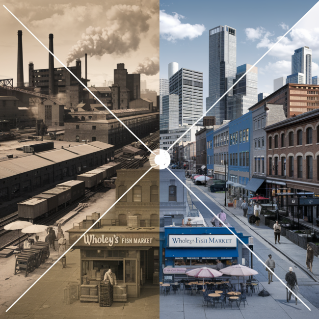 A visually striking image illustrating the transformation of Pittsburgh’s Strip District over time. On the left side, there are historic steel mills, smoke rising from factories, and 19th-century workers loading freight near the Pennsylvania Railroad Yard. In the middle, there is the mid-20th-century wholesale market era with bustling produce stands, food vendors, and classic storefronts like Wholey’s Fish Market. On the right side, there is the modern Strip District with repurposed warehouses, sleek glass office buildings, a tech startup hub, and young professionals enjoying cafés and restaurants. The colors shift from sepia tones on the industrial side to vibrant hues in the modern section, symbolizing the evolution of this dynamic Pittsburgh neighborhood. The composition blends history with contemporary development, creating a seamless visual journey through time.