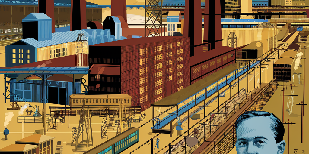 A detailed, vintage illustration of a bustling Westinghouse factory complex in East Pittsburgh circa 1900. Show smokestacks, workers, early electric equipment, trains, and streetcars. Include a portrait of George Westinghouse watching over. Warm industrial tones with blue electric highlights.