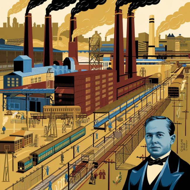 A detailed, vintage illustration of a bustling Westinghouse factory complex in East Pittsburgh circa 1900. Show smokestacks, workers, early electric equipment, trains, and streetcars. Include a portrait of George Westinghouse watching over. Warm industrial tones with blue electric highlights.