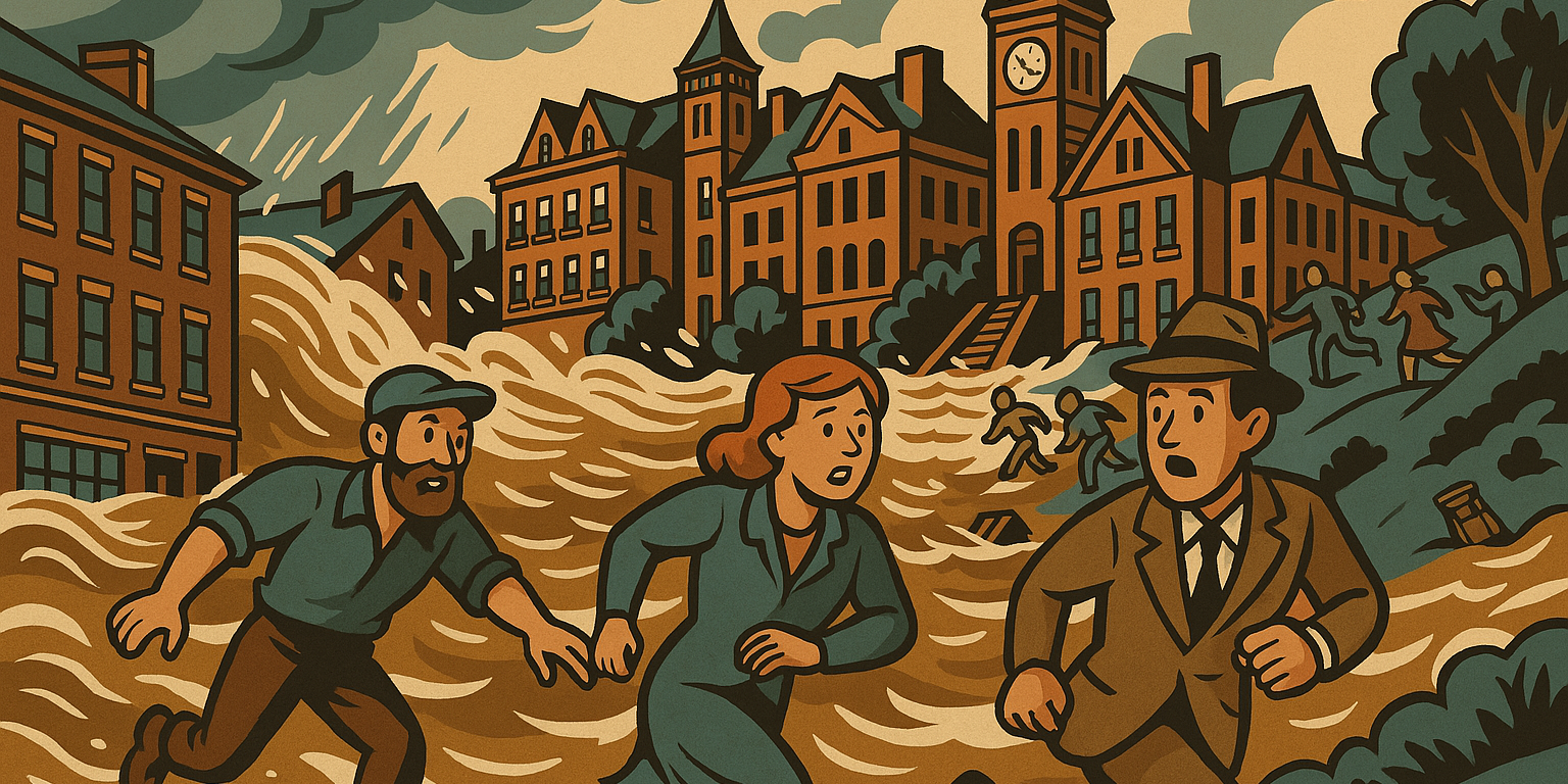A vintage-style illustration showing a massive flood engulfing downtown Pittsburgh during the St. Patrick’s Day Flood of 1936. Murky water surges through the streets, nearly submerging early 20th-century buildings and storefronts. People scramble to rooftops and upper windows while emergency responders navigate makeshift rafts. Bridges and steel infrastructure loom in the background under stormy skies.