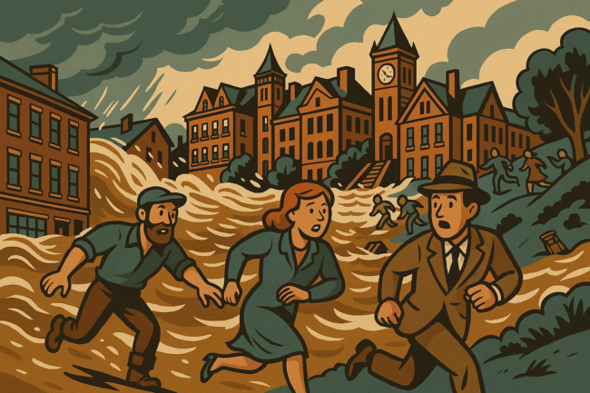 A vintage-style illustration showing a massive flood engulfing downtown Pittsburgh during the St. Patrick’s Day Flood of 1936. Murky water surges through the streets, nearly submerging early 20th-century buildings and storefronts. People scramble to rooftops and upper windows while emergency responders navigate makeshift rafts. Bridges and steel infrastructure loom in the background under stormy skies.