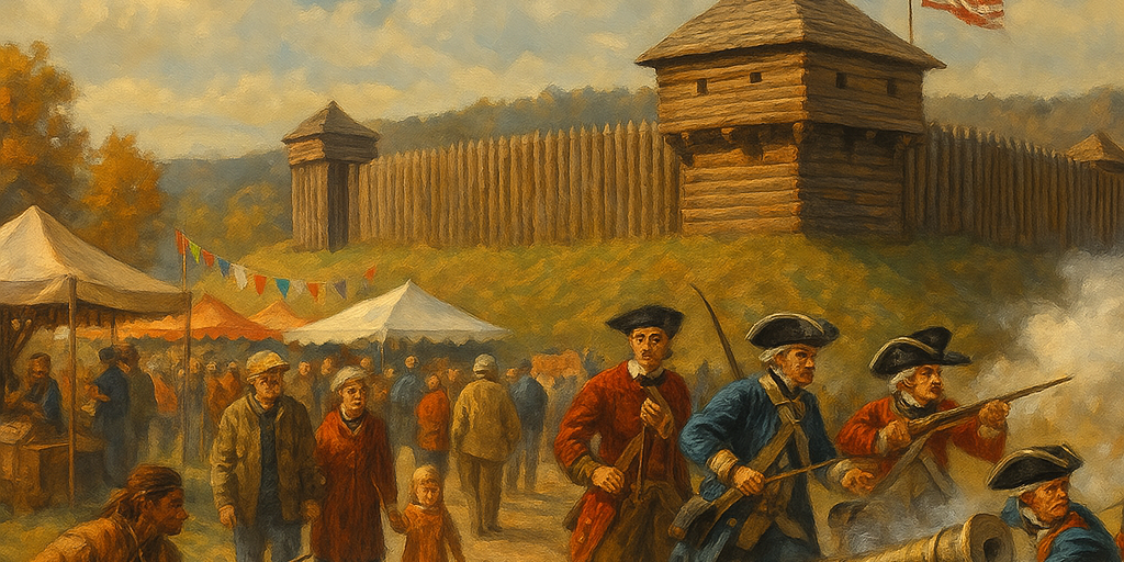 A traditional oil painting-style illustration of Fort Ligonier Days, showing historical reenactors in 18th-century military uniforms, a bustling festival with tents and food stalls, families watching cannon fire demonstrations, and the backdrop of Fort Ligonier surrounded by autumn foliage in the Laurel Highlands.