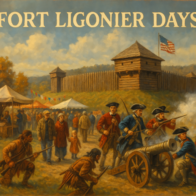 A traditional oil painting-style illustration of Fort Ligonier Days, showing historical reenactors in 18th-century military uniforms, a bustling festival with tents and food stalls, families watching cannon fire demonstrations, and the backdrop of Fort Ligonier surrounded by autumn foliage in the Laurel Highlands.