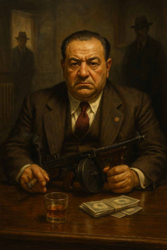 A moody, noir-style illustration depicting John Bazzano, Pittsburgh’s infamous Mafia don, standing in a dimly lit alley. He wears a fedora and long overcoat, with shadowy figures and 1930s-era cars in the background, evoking the dark underworld of organized crime during the Prohibition era.