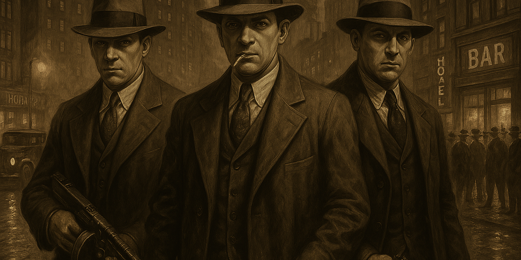 A sepia-toned, oil painting-style illustration showing a dramatic 1920s Pittsburgh street scene during Prohibition. Gangsters in trench coats and fedoras stand near vintage cars outside a speakeasy, while law enforcement in the background conducts a raid. Smoke rises from a steel mill in the distance, blending the city’s industrial grit with its underworld past.