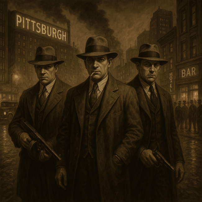 A sepia-toned, oil painting-style illustration showing a dramatic 1920s Pittsburgh street scene during Prohibition. Gangsters in trench coats and fedoras stand near vintage cars outside a speakeasy, while law enforcement in the background conducts a raid. Smoke rises from a steel mill in the distance, blending the city’s industrial grit with its underworld past.