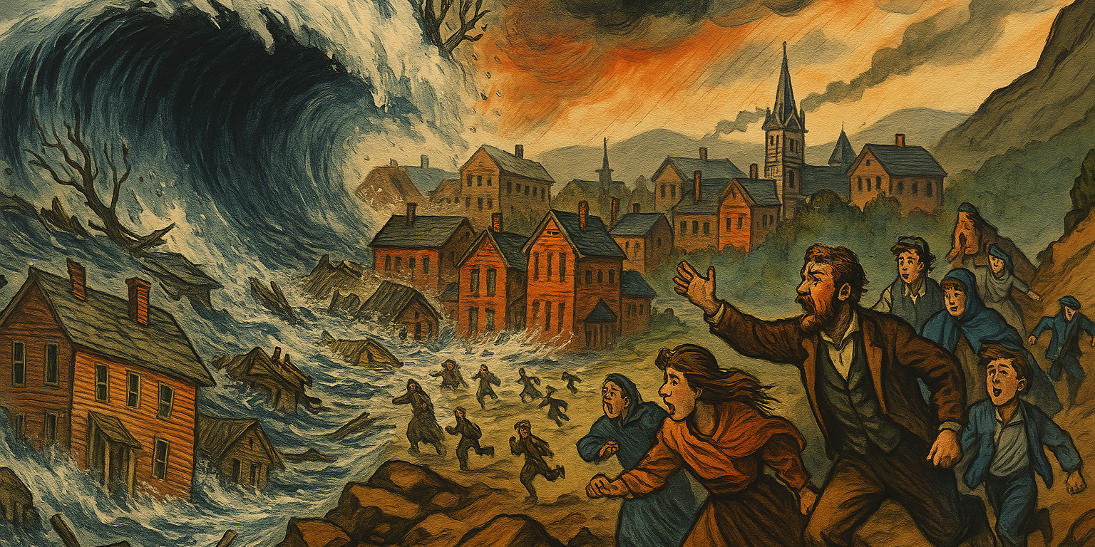 johnstown-flood Dramatic illustration showing the massive wall of water from the failed South Fork Dam crashing down on Johnstown's Victorian buildings as people flee toward higher ground