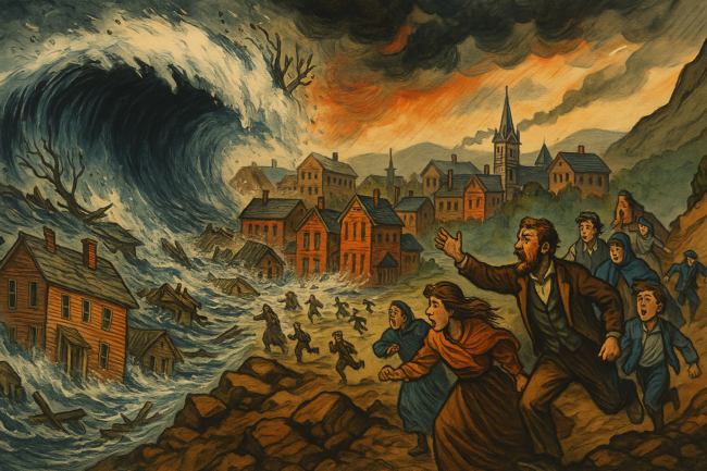 Dramatic illustration showing the massive wall of water from the failed South Fork Dam crashing down on Johnstown's Victorian buildings as people flee toward higher ground
