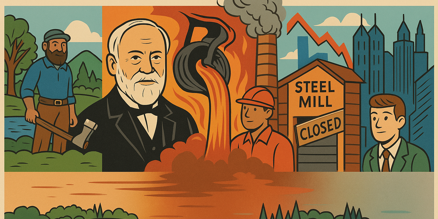 A colorful, vintage-style illustration showing the evolution of Pittsburgh’s steel industry. On the left, a 19th-century lumberjack stands in front of the Allegheny River. In the center, a steelworker pours molten metal beside smokestacks and an industrial mill. On the right, a closed steel mill with a somber worker is contrasted by a modern tech skyline, symbolizing Pittsburgh’s transformation from steel hub to innovation center.