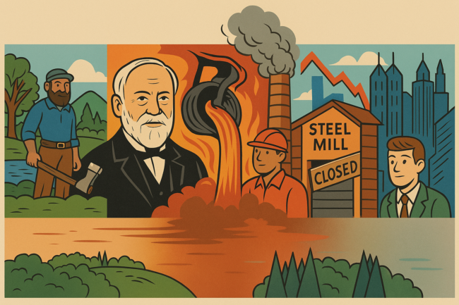 mill-closed A colorful, vintage-style illustration showing the evolution of Pittsburgh’s steel industry. On the left, a 19th-century lumberjack stands in front of the Allegheny River. In the center, a steelworker pours molten metal beside smokestacks and an industrial mill. On the right, a closed steel mill with a somber worker is contrasted by a modern tech skyline, symbolizing Pittsburgh’s transformation from steel hub to innovation center.