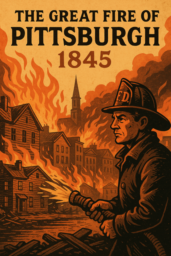 Illustrated map-style graphic of the Great Fire of 1845 in Pittsburgh, showing flames spreading across wooden buildings, smoke rising over the skyline, and firefighters battling the blaze. Features key landmarks like Ferry Street and Trinity Cathedral, with a vintage, historically-inspired art style.