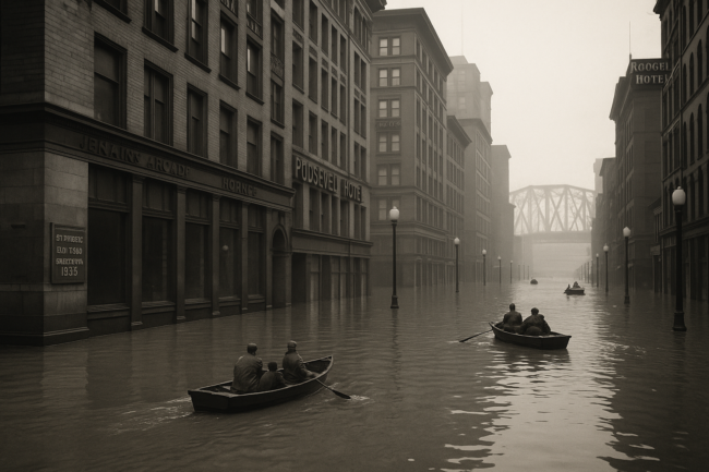 Rowboats navigate a flooded downtown Pittsburgh street, with water reaching the second story of buildings during the 1936 St. Patrick's Day Flood.