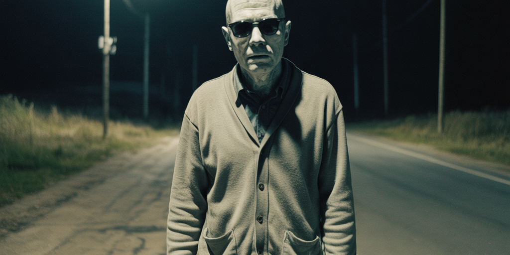 Y9cDIJVESfq3BkwbosyfnQ A faded black-and-white photograph of Raymond “Charlie No-Face” Robinson standing at night on a rural Pennsylvania road. He wears a cardigan and dark glasses with a prosthetic nose attached, revealing his severely disfigured face (no eyes or nose). The dim roadway behind him disappears into darkness, evoking the eerie atmosphere that gave rise to the Green Man legend.