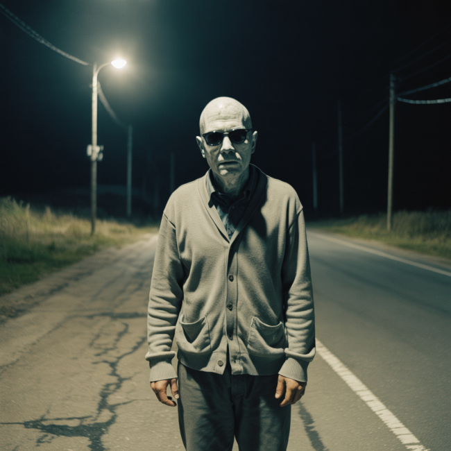 Y9cDIJVESfq3BkwbosyfnQ A faded black-and-white photograph of Raymond “Charlie No-Face” Robinson standing at night on a rural Pennsylvania road. He wears a cardigan and dark glasses with a prosthetic nose attached, revealing his severely disfigured face (no eyes or nose). The dim roadway behind him disappears into darkness, evoking the eerie atmosphere that gave rise to the Green Man legend.