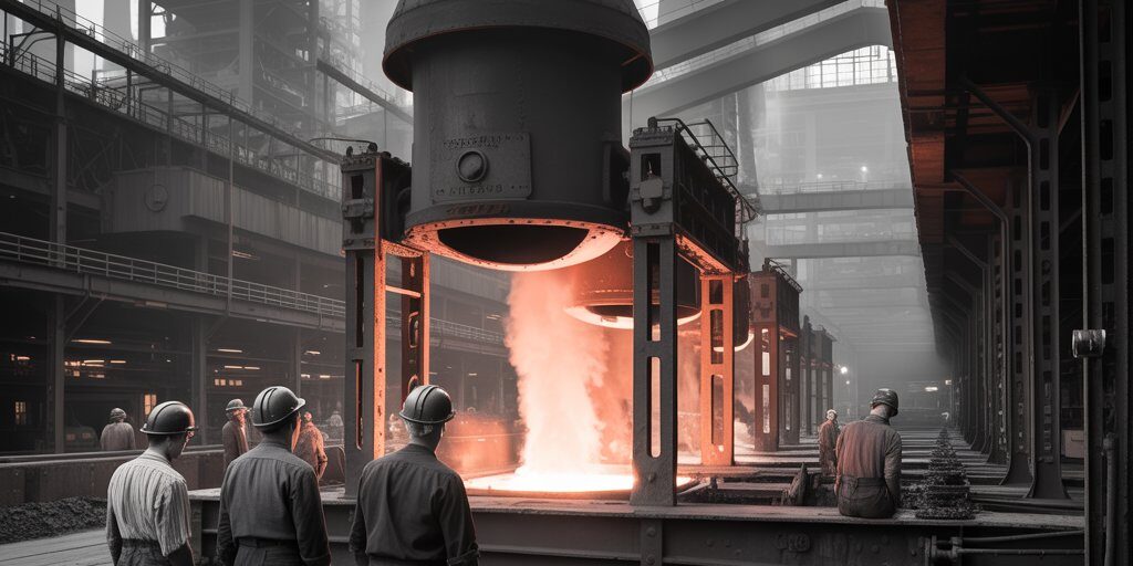 a-black-and-white-photograph-captures-th_GDFiwhZiQSuoM0DLGuguUw_DkqjAgwKTYq2fs0Bumwsrg Vintage black-and-white photo of Pittsburgh’s steel mills in the 1940s, with glowing furnaces and workers in helmets, symbolizing the city’s WWII industrial might.