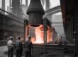 Vintage black-and-white photo of Pittsburgh’s steel mills in the 1940s, with glowing furnaces and workers in helmets, symbolizing the city’s WWII industrial might.