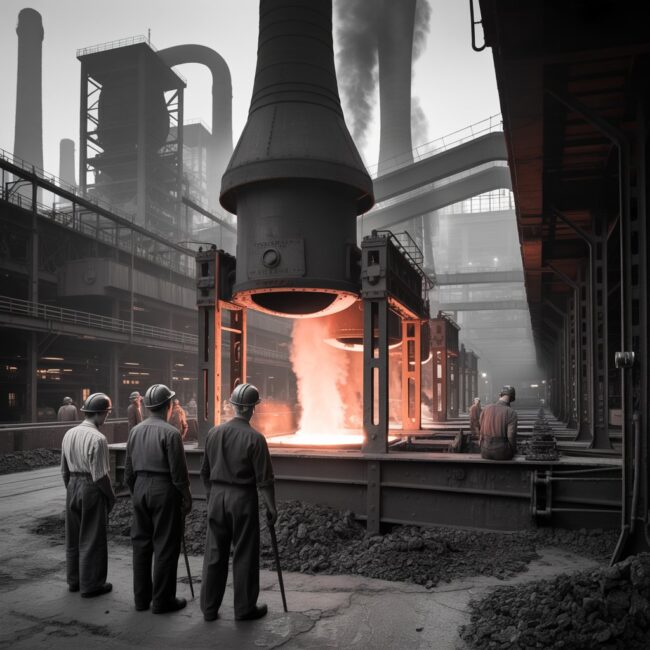 a-black-and-white-photograph-captures-th_GDFiwhZiQSuoM0DLGuguUw_DkqjAgwKTYq2fs0Bumwsrg Vintage black-and-white photo of Pittsburgh’s steel mills in the 1940s, with glowing furnaces and workers in helmets, symbolizing the city’s WWII industrial might.