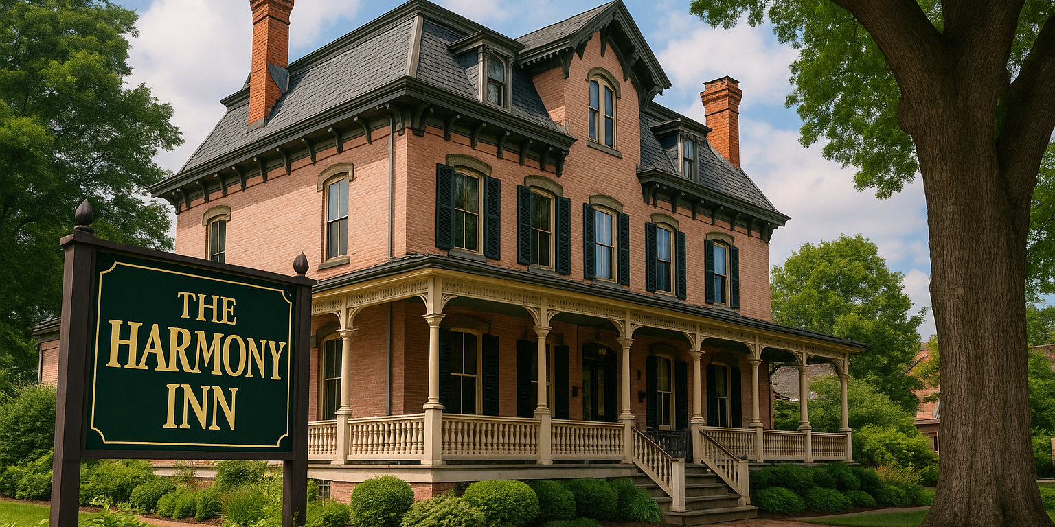harmony_inn A vibrant daytime photo of the Harmony Inn, a 19th-century Victorian-style building in Harmony, PA, with a large sign in front reading “The Harmony Inn”; lush greenery and a massive tree frame the historic light pink brick inn, which local legends say is haunted by multiple ghosts.