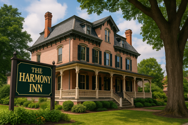 A vibrant daytime photo of the Harmony Inn, a 19th-century Victorian-style building in Harmony, PA, with a large sign in front reading “The Harmony Inn”; lush greenery and a massive tree frame the historic light pink brick inn, which local legends say is haunted by multiple ghosts.