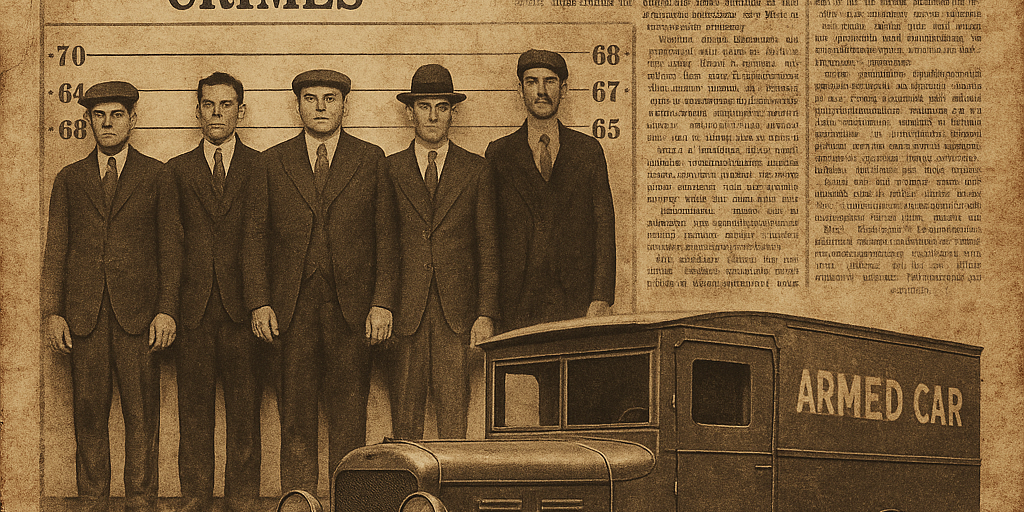 An aged newspaper collage featuring a 1920s police lineup and an armored truck, symbolizing Pittsburgh’s historic heists and crimes across eras.