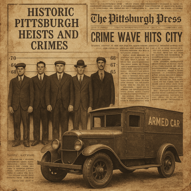 An aged newspaper collage featuring a 1920s police lineup and an armored truck, symbolizing Pittsburgh’s historic heists and crimes across eras.