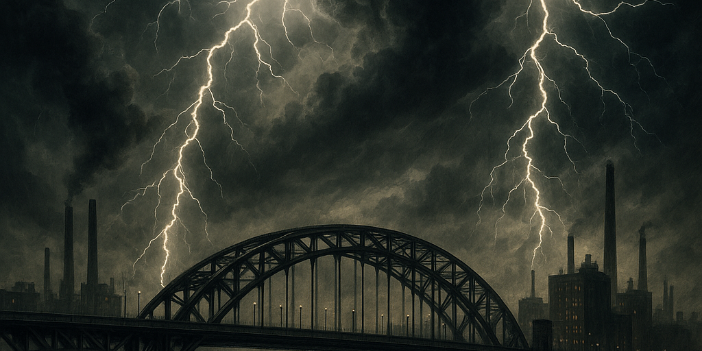 historic_storm Stormy scene over Pittsburgh with lightning, steel bridge, and factory skyline.