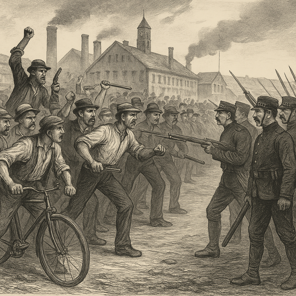An 1892 engraving showing steelworkers confronting armed Pinkerton agents at the Homestead mill, with crowds gathered and smoke rising from gunfire.