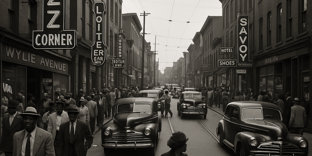 A black-and-white photograph of Pittsburgh’s Hill District in the 1940s – a busy Wylie Avenue filled with people, neon jazz club signs, and vintage cars – capturing the neighborhood’s vibrant “Little Harlem” era