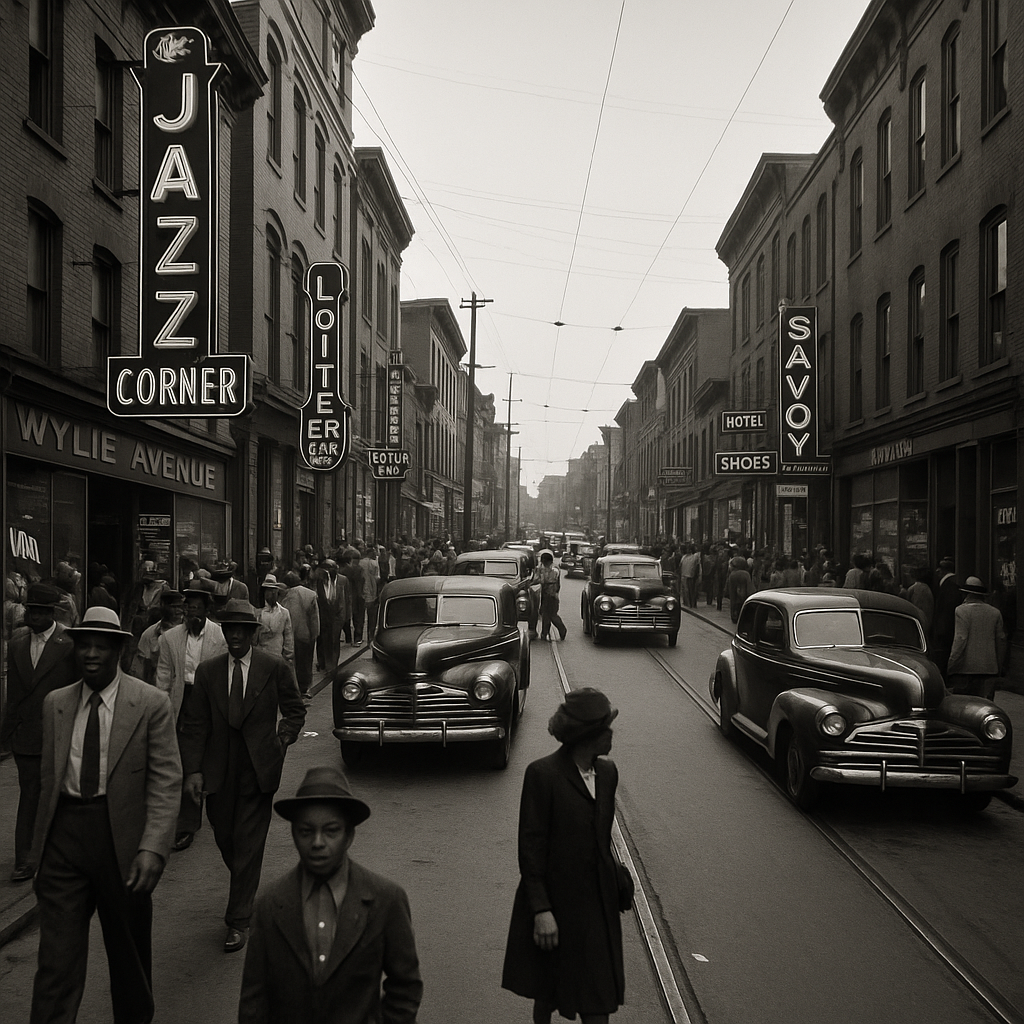 A black-and-white photograph of Pittsburgh’s Hill District in the 1940s – a busy Wylie Avenue filled with people, neon jazz club signs, and vintage cars – capturing the neighborhood’s vibrant “Little Harlem” era