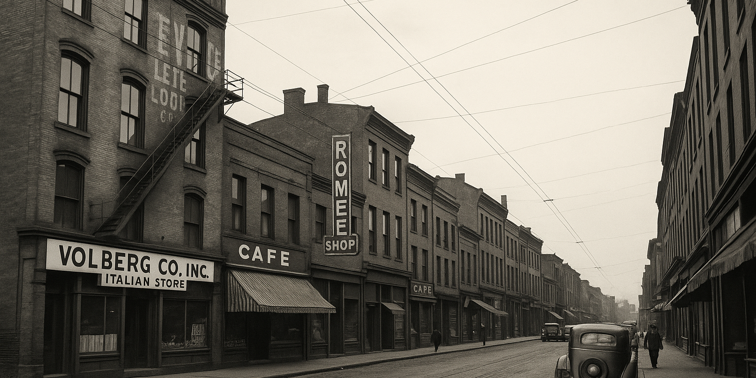 Vintage view of Pittsburgh’s Strip District buildings and streets, historically known as mobster hideouts during Prohibition.