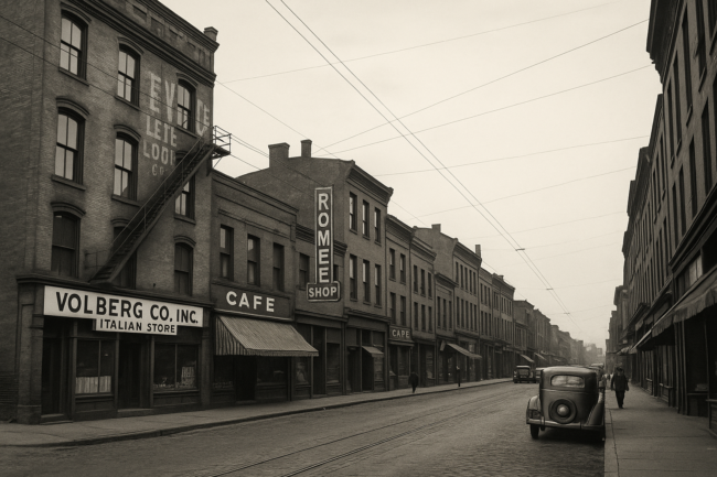 Vintage view of Pittsburgh’s Strip District buildings and streets, historically known as mobster hideouts during Prohibition.