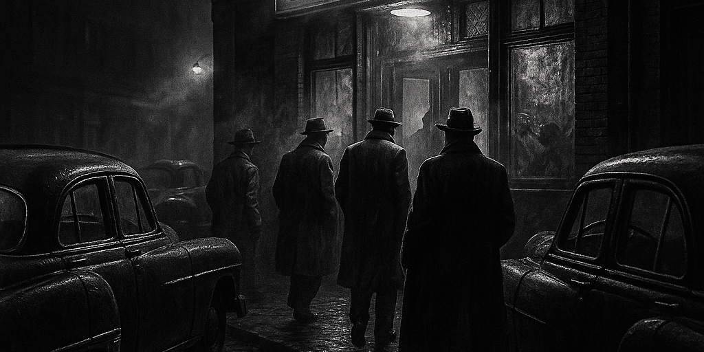 mobsters_of_pittsburgh A gritty black-and-white photo-style image of 1950s Pittsburgh at night. Shadowy figures in trench coats and fedoras approach a smoky social club, with vintage cars lining the street. The industrial skyline looms behind them, evoking the secretive atmosphere of the LaRocca-era mob.