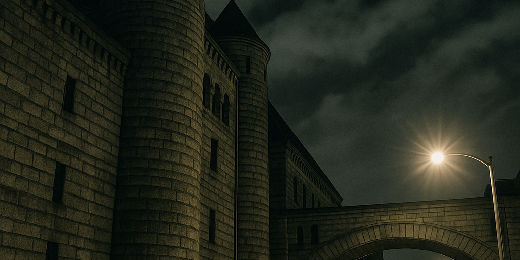 A nighttime view of the Old Allegheny County Jail’s towering gray stone walls and the iconic “Bridge of Sighs” arching over Ross Street. The fortress-like Romanesque structure looms under a cloudy sky, illuminated by streetlights that cast long shadows – an imposing reminder of Pittsburgh’s past where history and ghostly legends meet.