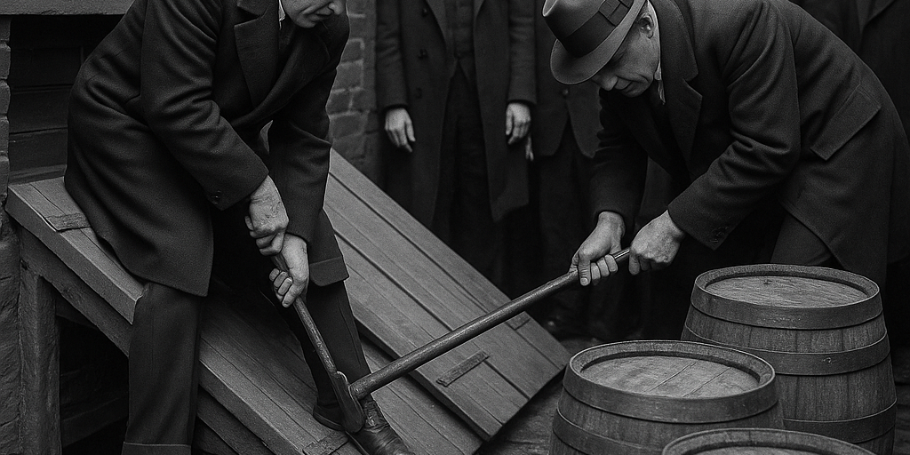 prohibition_agents Black-and-white 1920s scene of Prohibition agents prying open a cellar door during a raid on an illegal Pittsburgh speakeasy, with barrels of liquor and onlookers visible.