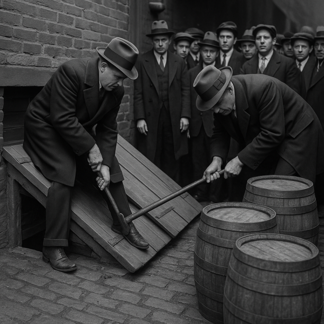 prohibition_agents Black-and-white 1920s scene of Prohibition agents prying open a cellar door during a raid on an illegal Pittsburgh speakeasy, with barrels of liquor and onlookers visible.