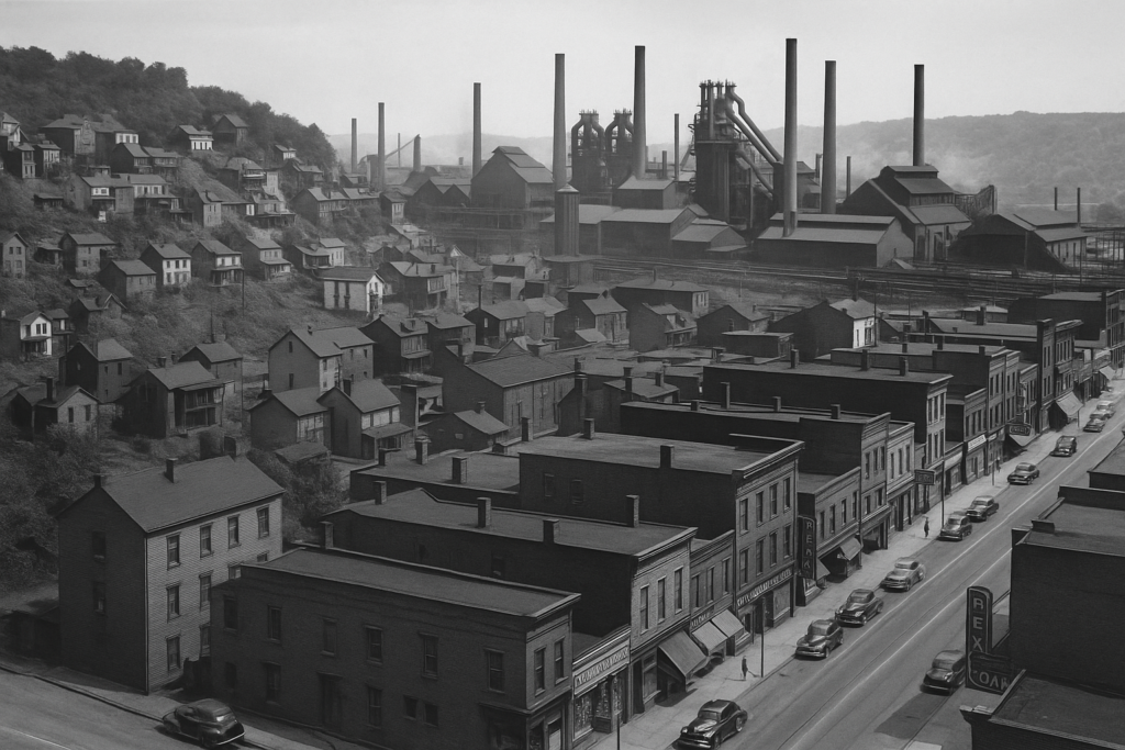 A rusting steel mill in the Mon Valley with smoke stacks silhouetted against a gray sky, symbolizing the industrial decline of towns like Braddock and Homestead.