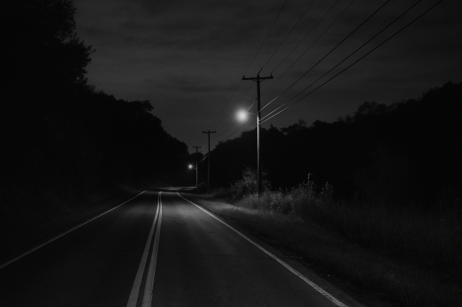 A vintage black-and-white photo of a quiet rural road in Western Pennsylvania at night, symbolizing the haunting legend of “Charlie No-Face” and his evening walks.