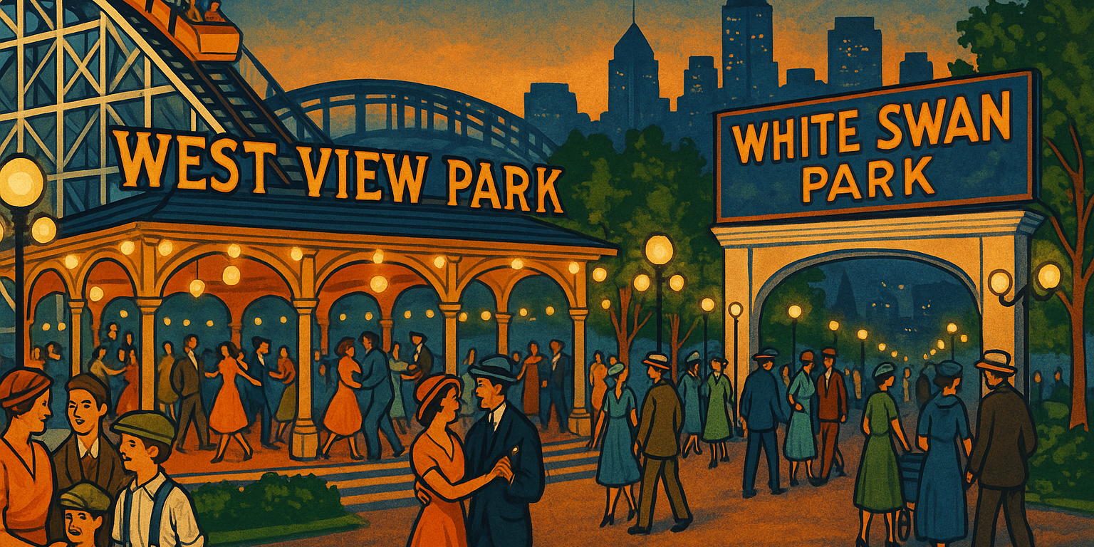 forgotten_parks A colorful 1920s-style illustration of a bustling Pittsburgh amusement park, with families riding a wooden roller coaster, dancing in a pavilion, and walking under glowing electric lights. Include vintage signage reading ‘West View Park’ and ‘White Swan Park,’ with a faint background of the Pittsburgh skyline.