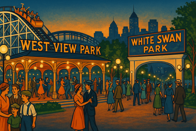 A colorful 1920s-style illustration of a bustling Pittsburgh amusement park, with families riding a wooden roller coaster, dancing in a pavilion, and walking under glowing electric lights. Include vintage signage reading ‘West View Park’ and ‘White Swan Park,’ with a faint background of the Pittsburgh skyline.