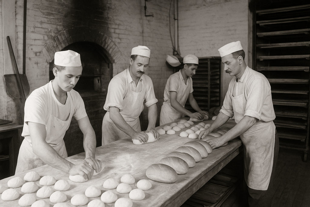 Black-and-white photo of early 20th-century bakers in a Pittsburgh bakery kneading dough and baking loaves, representing Mancini’s humble beginnings.