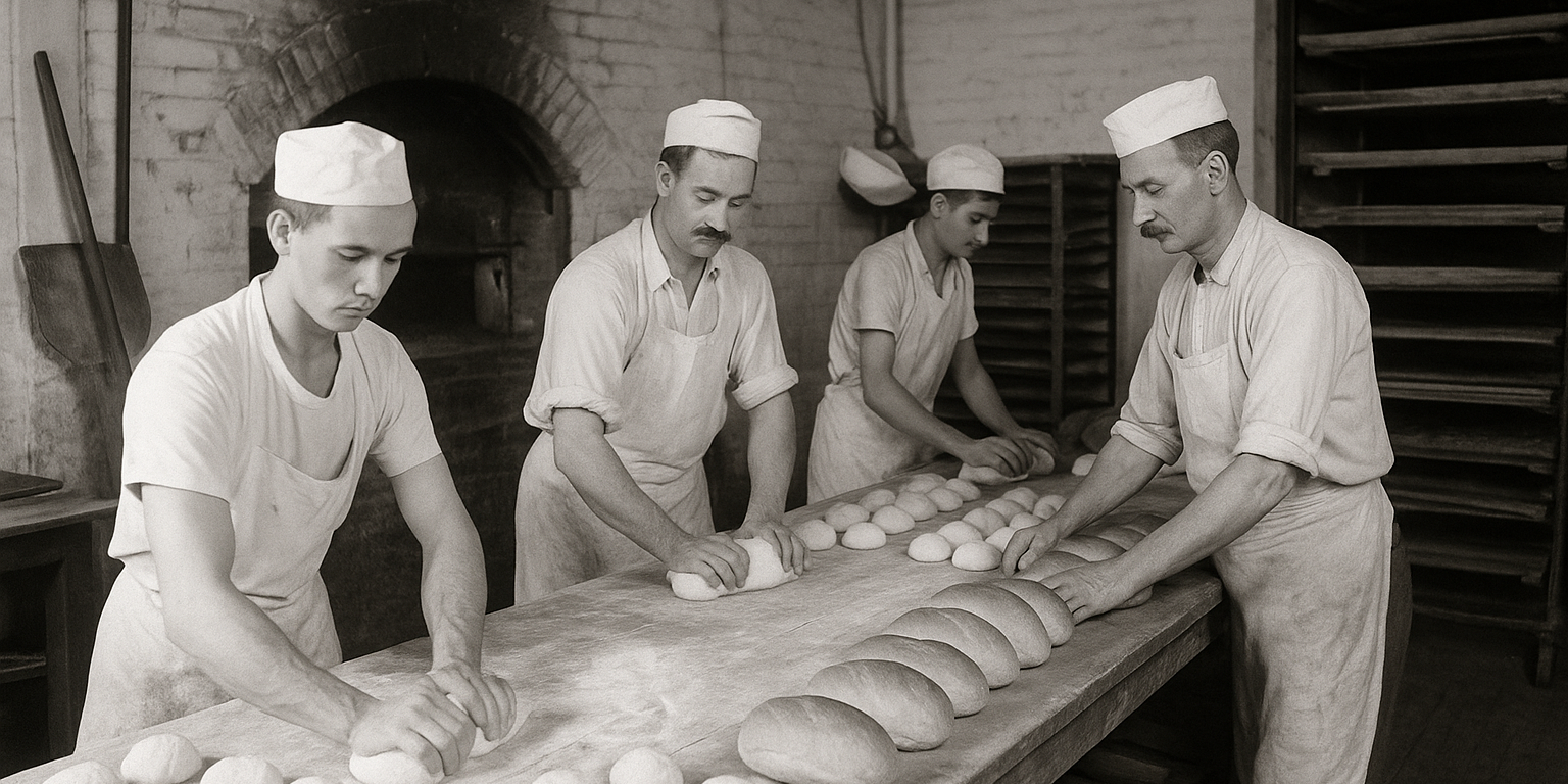 mancinis_pittsburgh Black-and-white photo of early 20th-century bakers in a Pittsburgh bakery kneading dough and baking loaves, representing Mancini’s humble beginnings.