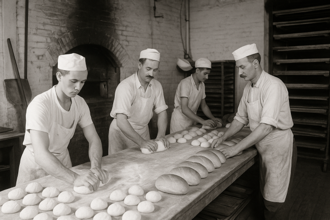Black-and-white photo of early 20th-century bakers in a Pittsburgh bakery kneading dough and baking loaves, representing Mancini’s humble beginnings.