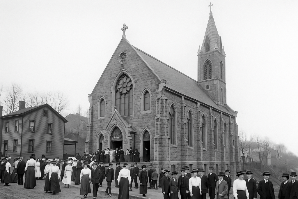 A black-and-white photograph of St. Anthony’s Chapel around 1900, showing its Gothic architecture, arched windows, and bell tower. People in period clothing gather outside after Mass, capturing the religious and community life of Troy Hill.