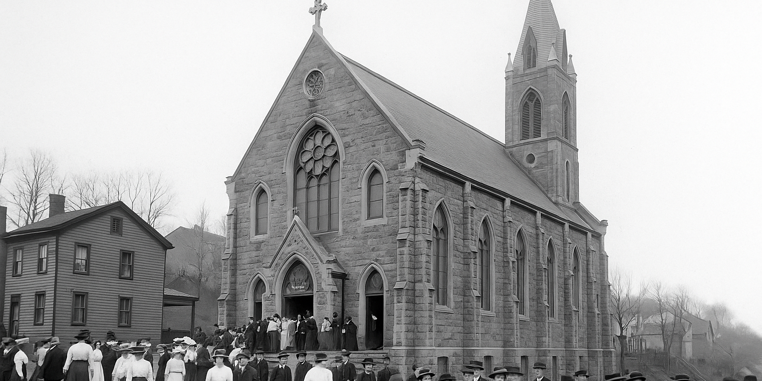 A black-and-white photograph of St. Anthony’s Chapel around 1900, showing its Gothic architecture, arched windows, and bell tower. People in period clothing gather outside after Mass, capturing the religious and community life of Troy Hill.
