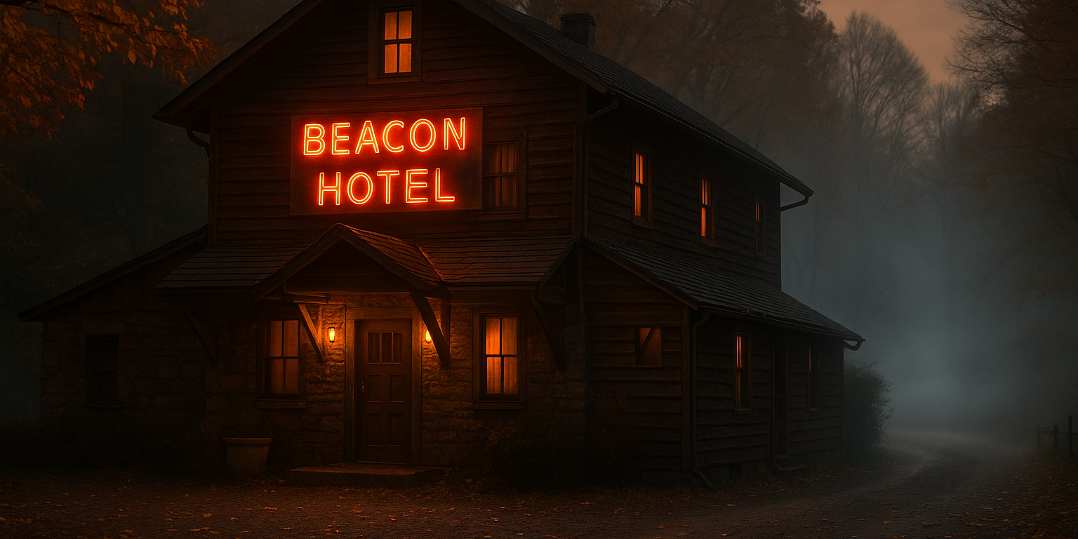 The Beacon Hotel glowing at dusk with a misty, haunted atmosphere in rural Butler County, Pennsylvania