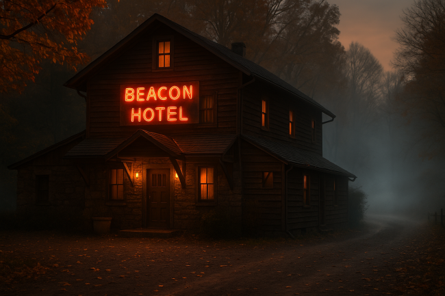 The Beacon Hotel glowing at dusk with a misty, haunted atmosphere in rural Butler County, Pennsylvania